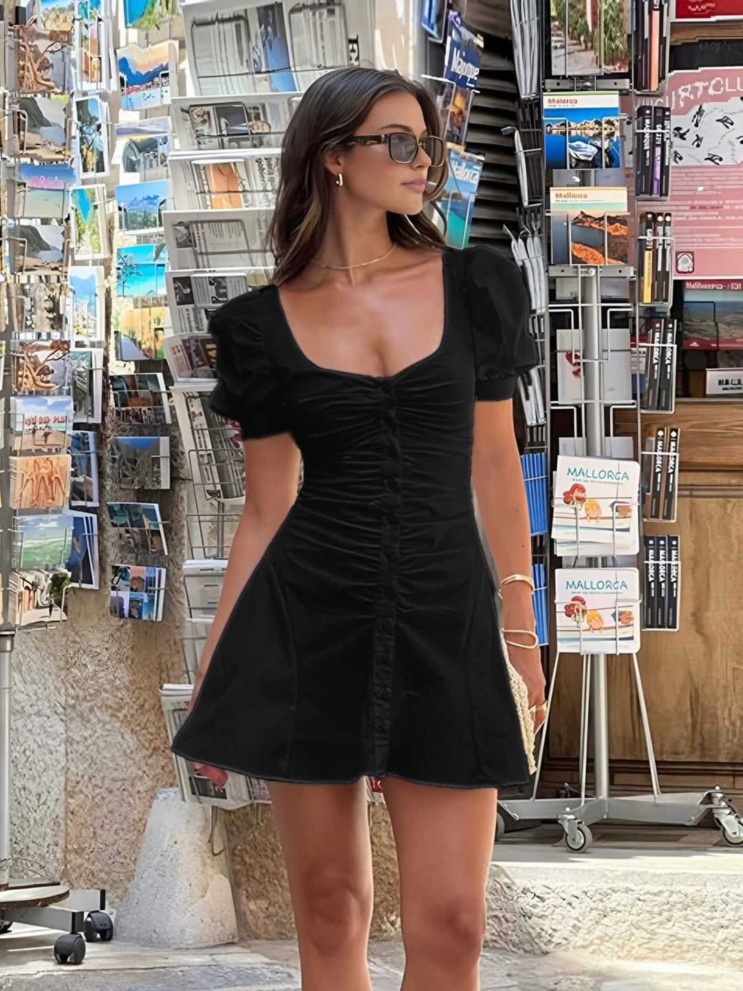 JENETT | ROBE CHEMISE COURTE À MANCHES BOUFFANTES